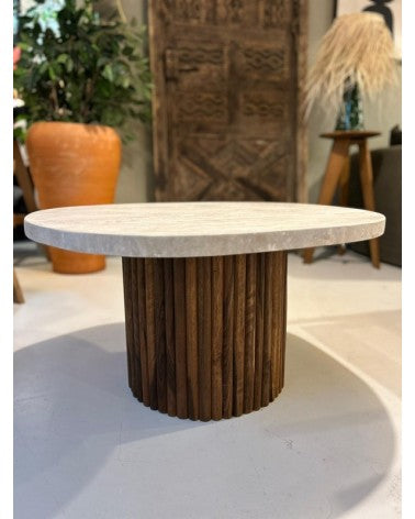 Table basse en travertin et pied en noyer Kabana