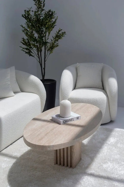 Table Basse Ovale en Travertin avec Base en Lamelles de Travertin (2 Tailles)